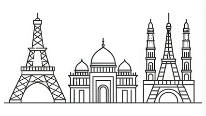 Obraz premium Stylized simplistic illustrations of iconic landmarks, including the Eiffel Tower, Taj Mahal, and Pyramids, in clean black outlines on a white background.
