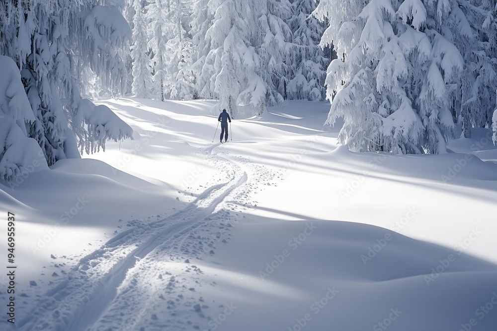 Poster A lone skier glides through fresh snow in a tranquil winter forest at midday under bright sunlight