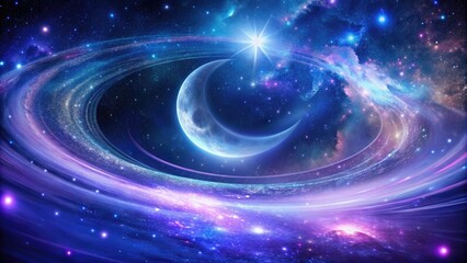 swirling vortex of deep blues and purples hosts a glowing crescent moon, surrounded by twinkling stars and ethereal, shimmering stardust.