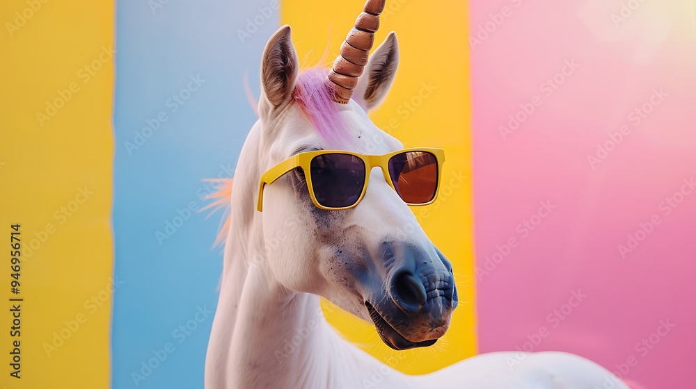 Wall mural a whimsical unicorn wearing yellow sunglasses against a colorful background.