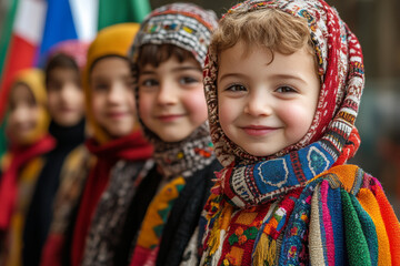 A group of children wearing colorful hats and scarves are smiling for the camera