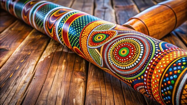 Traditional intricate patterns and vibrant colors adorn a hand-painted didgeridoo, symbolizing the rich cultural heritage and spiritual connections of Australia's indigenous Aboriginal people.