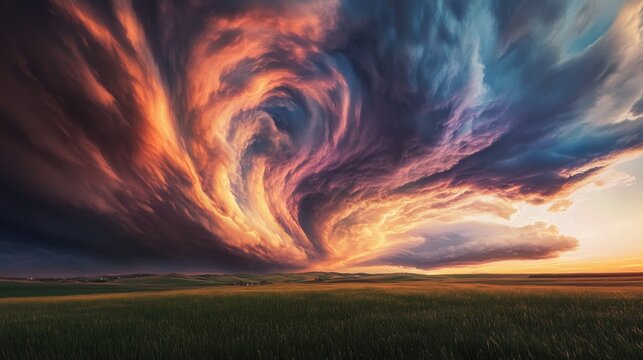 Dramatic Sunset with Swirling Clouds Over Rolling Hills and Field