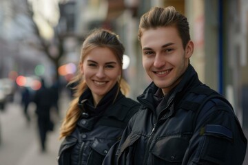 Team, security guard or safety officer portrait on the street for protection, patrol or watch. Law enforcement, smile and duty with a crime prevention unit man and woman in uniform in the city