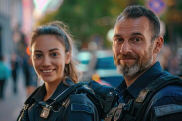 Fototapeta premium Team, security guard or safety officer portrait on the street for protection, patrol or watch. Law enforcement, smile and duty with a crime prevention unit man and woman in uniform in the city