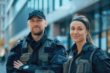 Fototapeta premium Team, security guard or safety officer portrait on the street for protection, patrol or watch. Law enforcement, smile and duty with a crime prevention unit man and woman in uniform in the city