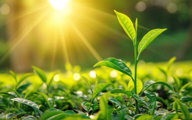 Fototapeta premium A small green plant is growing in a field of green grass