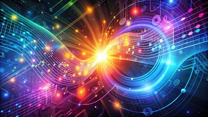 Obraz premium Vibrant abstract background merges swirling binary code, glowing circuits, and wispy notes, symbolizing the fusion of innovative technology and boundless educational possibilities.