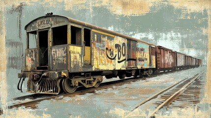 Obraz premium A Rusted and Graffiti-Covered Train Car on Tracks