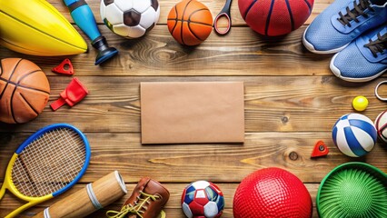 Vibrant athletic gear and colorful sports equipment surround a formal invitation on a wooden desk, evoking excitement and energy around an upcoming sports event.