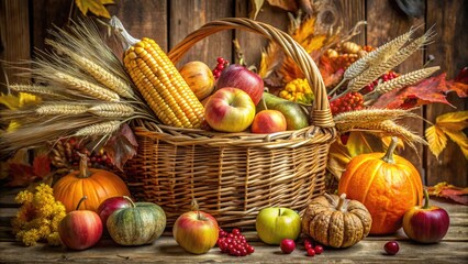 Vibrant autumnal fruits and vegetables overflow from a rustic wicker basket, surrounded by sheaves of golden wheat and dried corn husks in a cozy farmhouse setting.