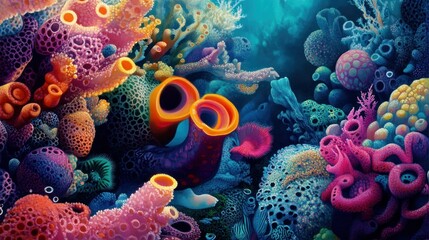 Obraz premium Vibrant Coral Reef with Orange Sponges and Blue Sea Life