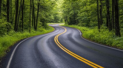 Fototapeta premium Winding Asphalt Road Through a Lush Green Forest