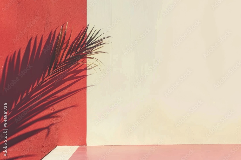 Poster a silhouette of a palm tree is visible on a wall, with the sun setting behind