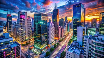 Fototapeta premium Vibrant cityscape at dusk with sleek skyscrapers and busy streets illuminated by a kaleidoscope of colorful neon lights, electric billboards, and glowing streetlamps.