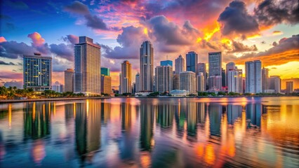 Fototapeta premium Vibrant cityscape of Miami's downtown area at sunset, featuring sleek skyscrapers, bustling streets, and colorful reflections on the calm waters of Biscayne Bay.