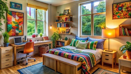 Vibrant college dorm room decorated with colorful posters, textbooks, and accessories, capturing the energetic and intellectual atmosphere of higher education and student life.