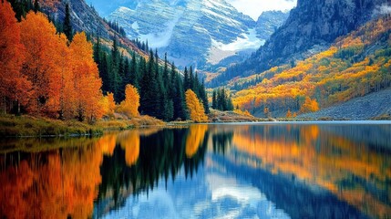 Fototapeta premium Autumnal Forest and Mountains Reflected in Still Water