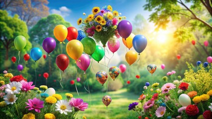Obraz premium Vibrant colorful balloons and flowers dance in the air, surrounded by lush greenery, evoking carefree joy and celebration of the season's renewal and beauty.