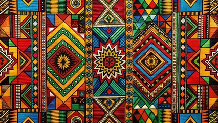 Vibrant, colorful fabric featuring traditional tribal motifs, geometric shapes, and bold black outlines, evoking the rich cultural heritage of African traditions and artisanal craftsmanship.
