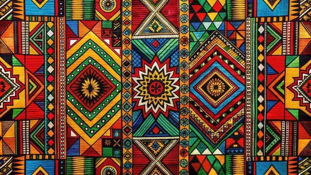 Vibrant, colorful fabric featuring traditional tribal motifs, geometric shapes, and bold black outlines, evoking the rich cultural heritage of African traditions and artisanal craftsmanship.