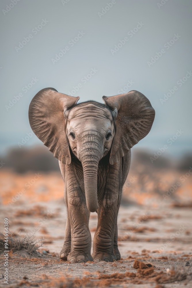 Canvas Prints Young elephant standing in open field, great for wildlife or conservation themes