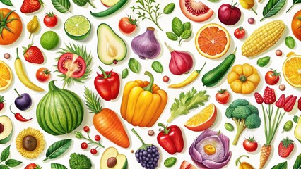 Vibrant, colorful illustration of assorted fruits and vegetables in a repeating pattern, set against a clean white background with subtle texture and playful design elements.
