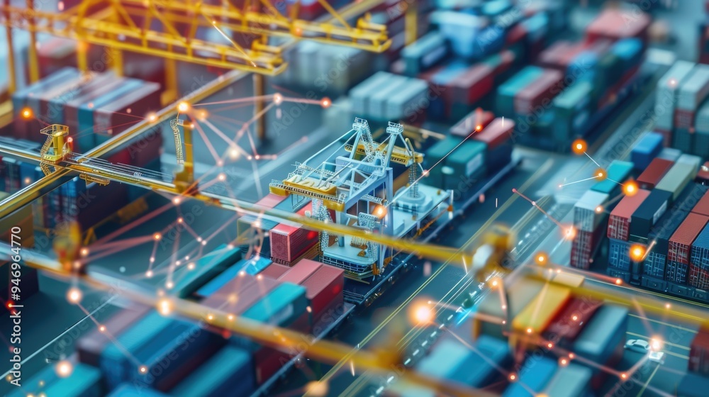 Poster a large container ship in the middle of a port, suitable for use in commercial or industrial setting