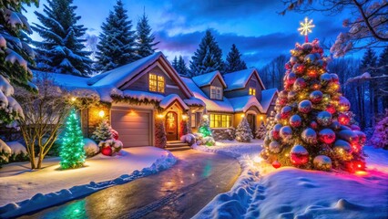 Vibrant colorful lights and ornaments adorn a snow-covered house, driveway, and surrounding trees, creating a magical winter wonderland scene on a crisp Christmas evening.