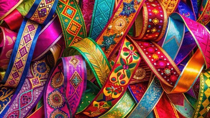 Vibrant colorful ribbons woven into intricate banners with flowing curves, delicate textures, and ornate patterns, perfect for celebrations, festivities, and special occasions.