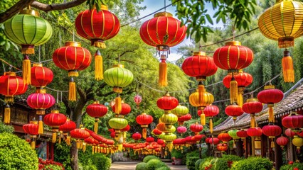 Obraz premium Vibrant colors adorn traditional Chinese lanterns, banners, and decorations amidst lush greenery, capturing the festive atmosphere of Qingming Festival celebrations in a serene natural setting.