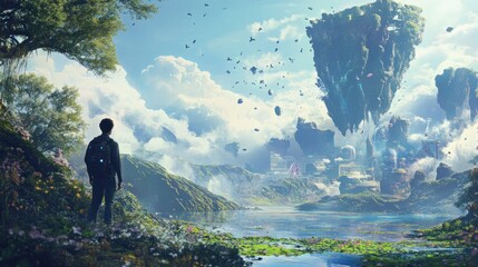 A solitary figure gazes at a floating island city in a surreal, dreamlike landscape.