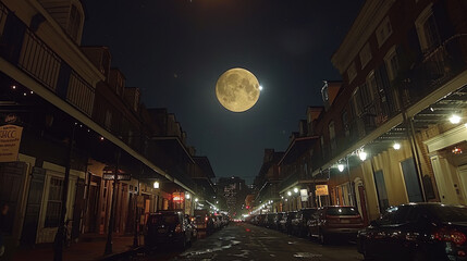Time lapse of the moon over Bourbon street , carnaval , dark shadow lighting, patch of light 