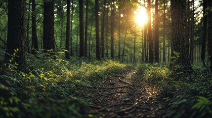 Obraz premium Sunlight softly filters through dense forest trees, casting light and shadows on the lush green undergrowth, creating a tranquil scene..