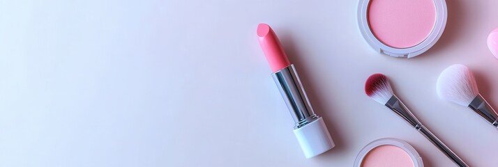 Cosmetic products, including lipstick, brushes, and powder, are neatly arranged on a light surface showcasing a minimalist design. Generative AI