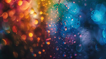 A vibrant abstract image featuring colorful bokeh lights and water droplets, creating a visually stunning, dynamic background..