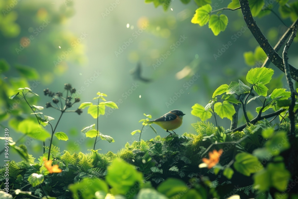 Poster a small bird perched on the top of a dense green tree, surrounded by foliage and branches