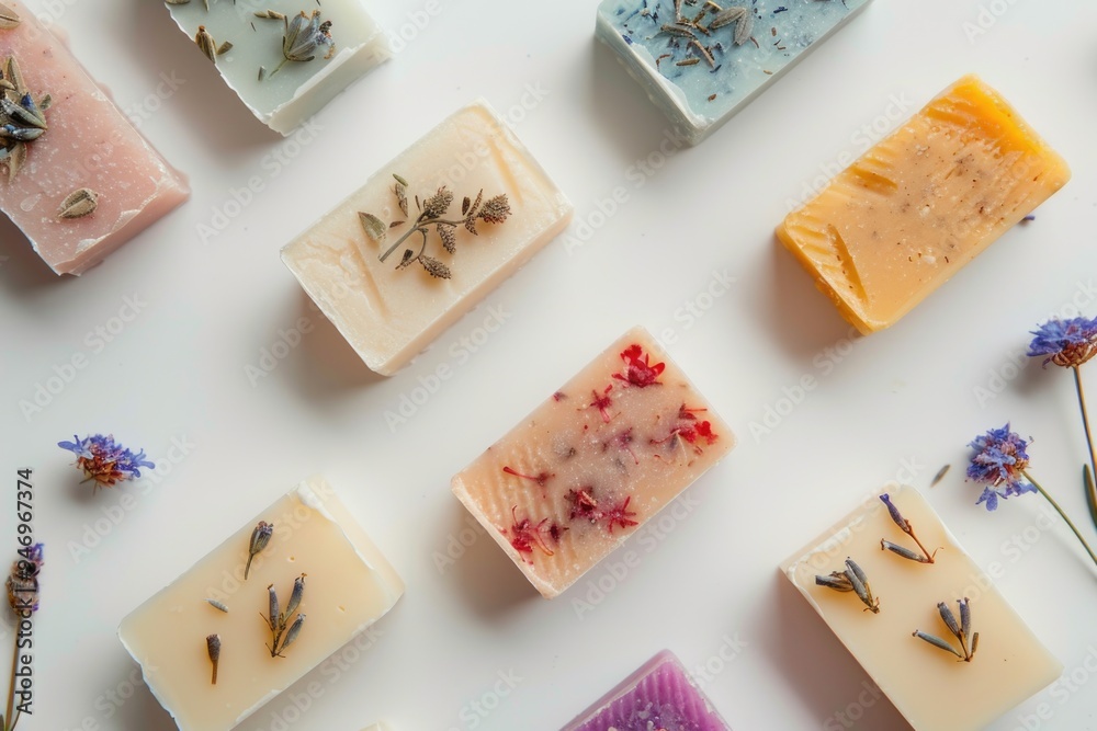 Poster A group of soap bars arranged neatly on a table, possibly for display or storage