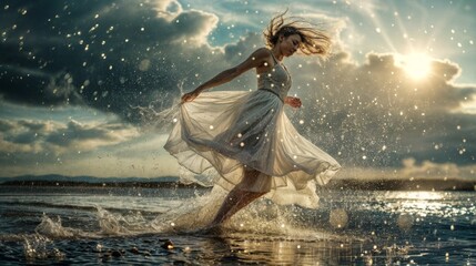 A woman joyfully dances in the ocean waves during sunset, with water splashing around her, capturing a moment of freedom and happiness..