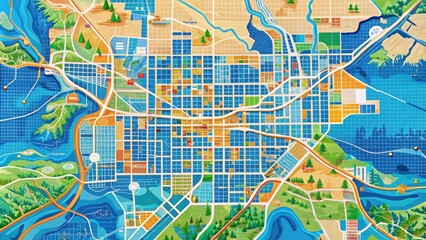 Vibrant, detailed map of Denver, Colorado highlights city streets, neighborhoods, parks, and landmarks against a bold blue background with subtle mountain range illustration.