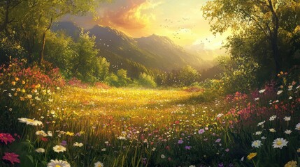 Obraz premium A Vibrant Wildflower Meadow at Sunset with Mountain Views