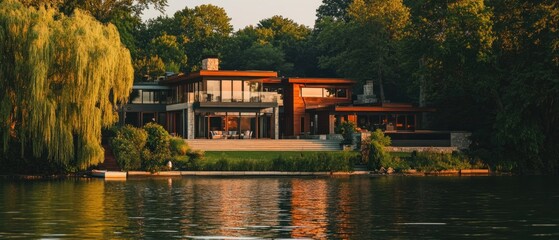 Obraz premium Modern Waterfront House with Sunset Reflections on the Lake