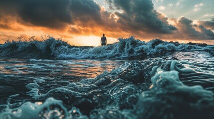 A man stands on the shore, facing powerful ocean waves crashing against the beach at sunrise under dramatic clouds..