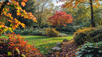 A picturesque garden in autumn, featuring vibrant red, orange, and yellow foliage with a well-maintained green lawn..