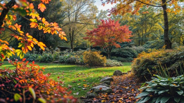 A picturesque garden in autumn, featuring vibrant red, orange, and yellow foliage with a well-maintained green lawn..