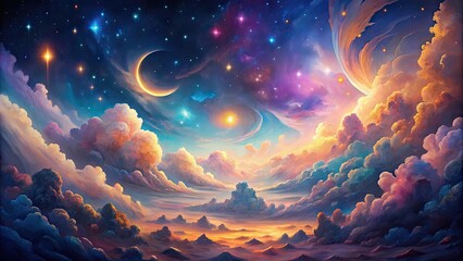 Vibrant, ethereal watercolor dreamscapes unfold with swirling clouds, shimmering stars, and glowing moons, transporting viewers to an otherworldly realm of tranquility and wonder.