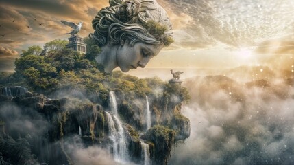 A colossal stone statue of a woman embedded in a misty mountain landscape, surrounded by waterfalls and ancient ruins under a golden sky..