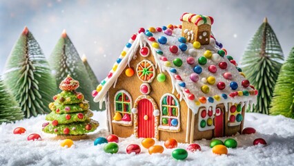 Fototapeta premium Vibrant festive scene of a whimsical gingerbread house adorned with colorful candies, icing, and sprinkles on a snowy white background, awaiting decorative touches.