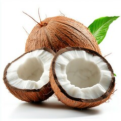 A Whole Coconut with Two Halves Showing the White Flesh Inside
