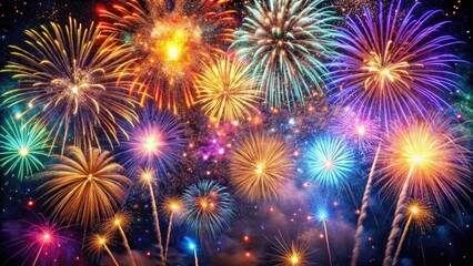 Naklejka premium Vibrant fireworks illuminate a dark night sky, bursting into a kaleidoscope of colors, sparks raining down, marking the start of a new year with festive cheer.